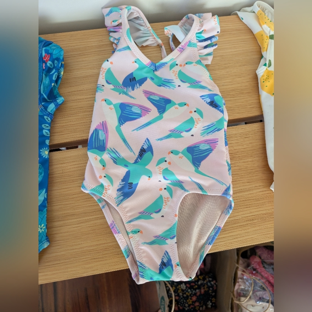 Tea Collection Parrot Print One Piece - Pink and Blue